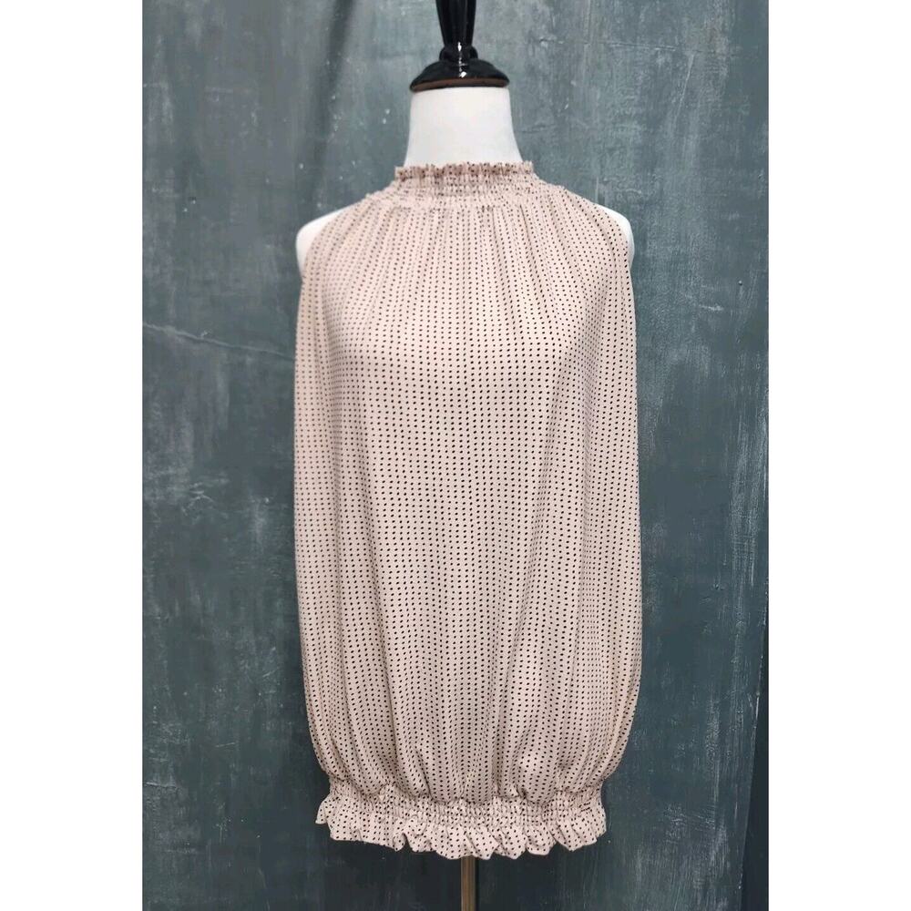 Adrianna Papell Blush Pink Black Polka Dot Knit Blouse High Halter Neck Large